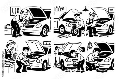 mechanic service car scene doodle cartoon drawing vector illustration set with Varied Poses and Expressions