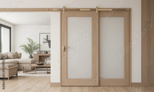 A luxurious sliding door system featuring mocha mousse-finished tracks and brushed gold fixtures with intricate yet minimalistic details. The door