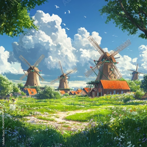 Obraz na płótnie Aligned windmills grace green fields beneath clear sky. w salonie