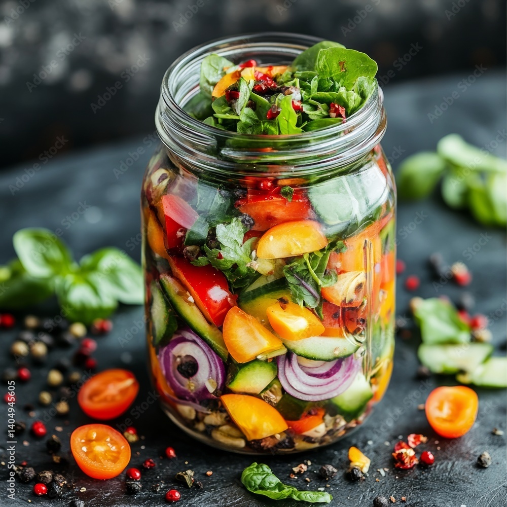 Healthy veggie salad in a jar.