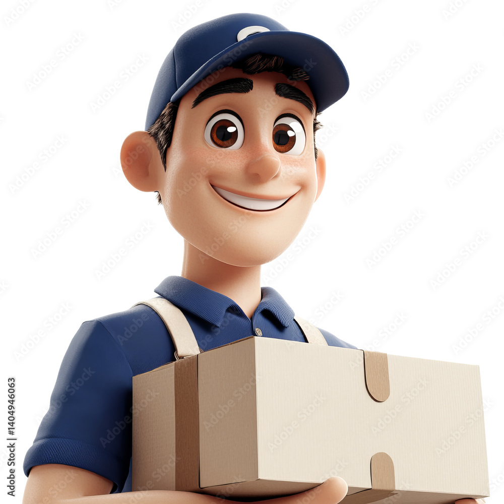 Png of A cheerful cartoon delivery man holding a box, wearing a blue uniform and cap, exuding a friendly and approachable vibe. Png of A cheerful cartoon delivery man holding a box, wearing a blue uniform and cap, exuding a friendly and approachable vibe.