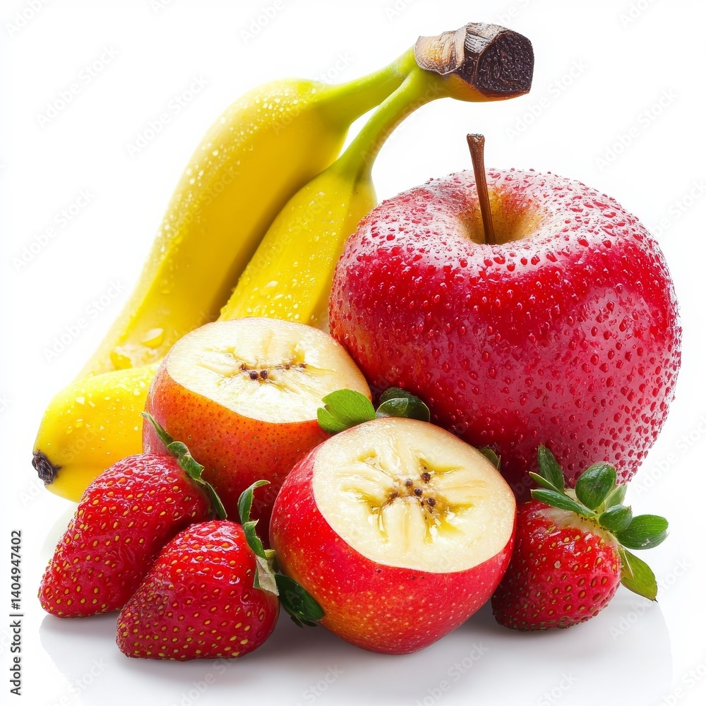Isolated red, yellow, and red fruits.