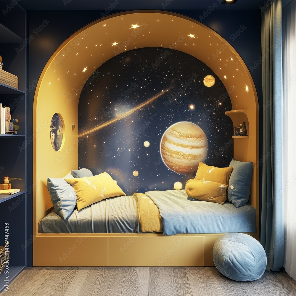 Modern kid's room: space theme, bed, seat.