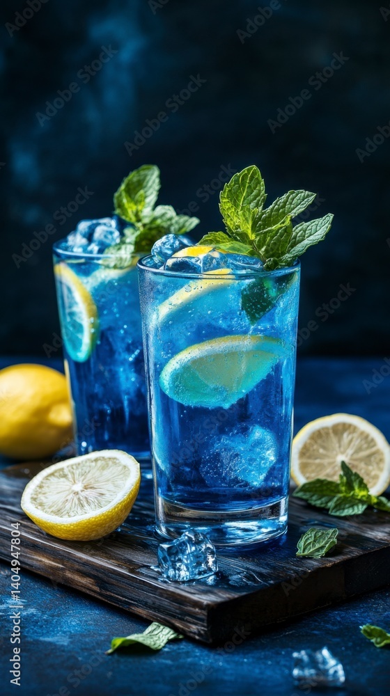 Preparing Refreshing Blue Lemonade with Mint and Ice Preparing Refreshing Blue Lemonade with Mint and Ice