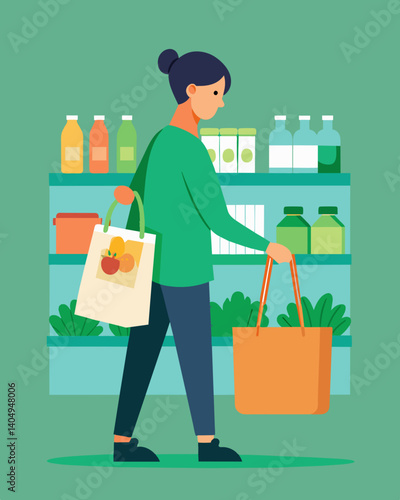 A shopper brings their own reusable bags to the grocery store avoiding singleuse plastic bags.. Vector illustration