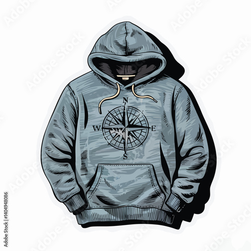 a gray hoodie with a compass on it