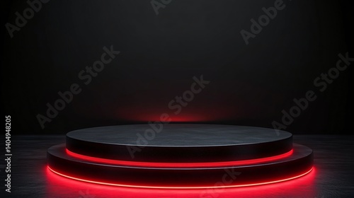 Black circular podium with red neon lighting in dark room, futuristic display for product promotion or digital design showcase.