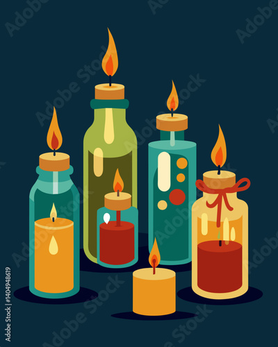 A set of handcrafted candles poured into glass jars made from repurposed wine bottles.. Vector illustration