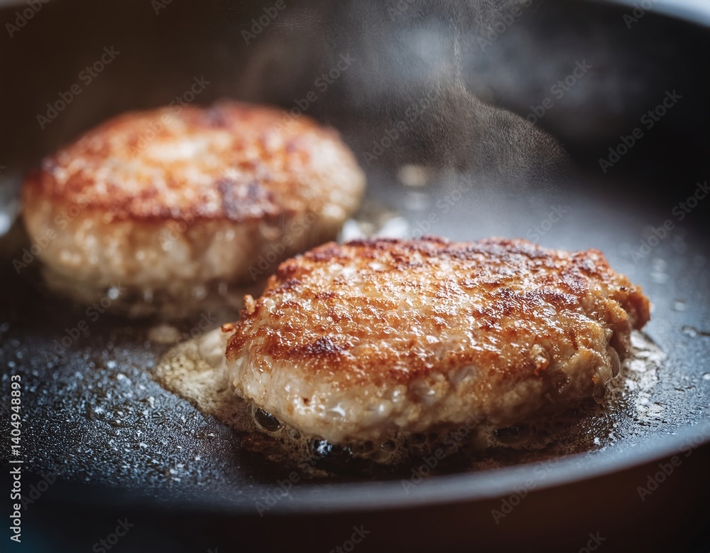 Juicy pork patties frying on a hot skillet in bubbling oil Juicy pork patties frying on a hot skillet in bubbling oil