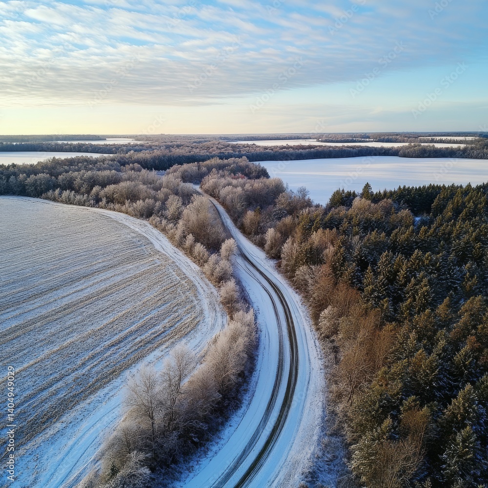 Winter rural scene: snowy road (drone).