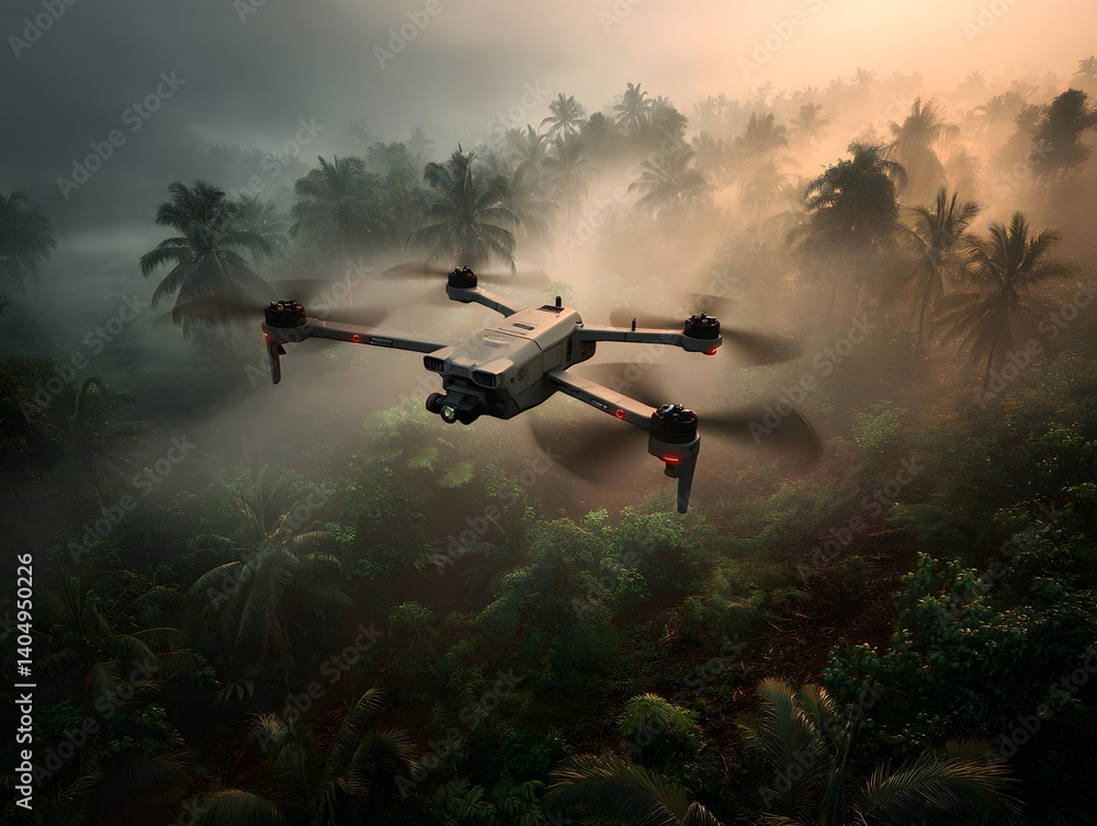 Fototapeta premium Drones with advanced lidar scan tropical rainforests, mapping biodiversity and deforestation, showcasing cutting-edge tech for nature conservation, ecological research, and forest preservation.