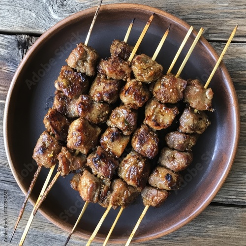 Obraz na płótnie Pork satay, wood table. w salonie