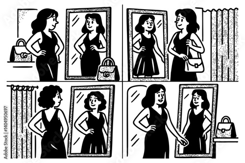 woman trying dress in looking in mirror doodle cartoon drawing vector illustration set with Varied Poses and Expressions