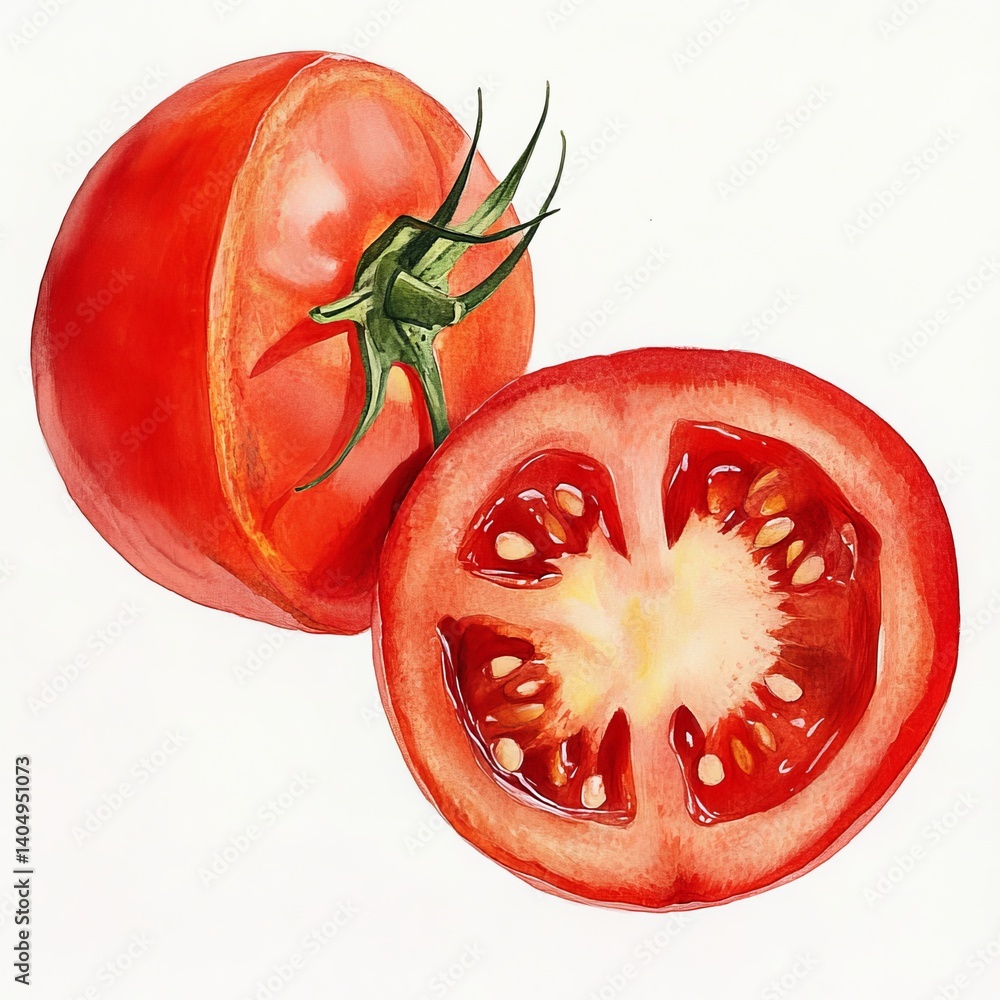 Red tomato halved, showing seeds and pulp.