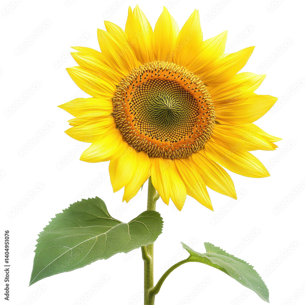 Obraz premium Bright yellow sunflower with a curved stem against a clean background, Closeup view yellow sunflower with curved stem, isolated on Transparent background
