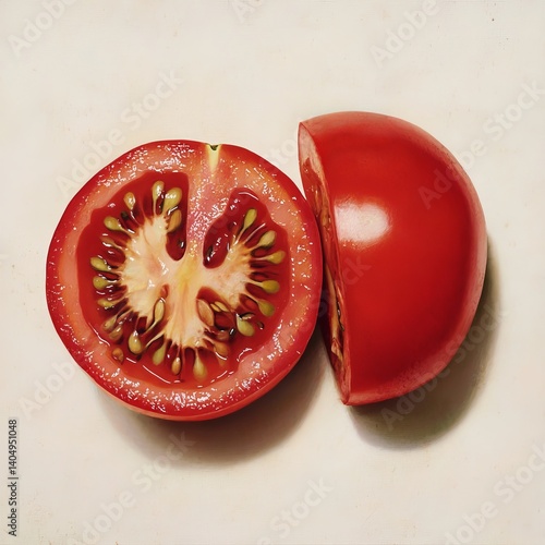 Halved red tomato: seeds and pulp visible.