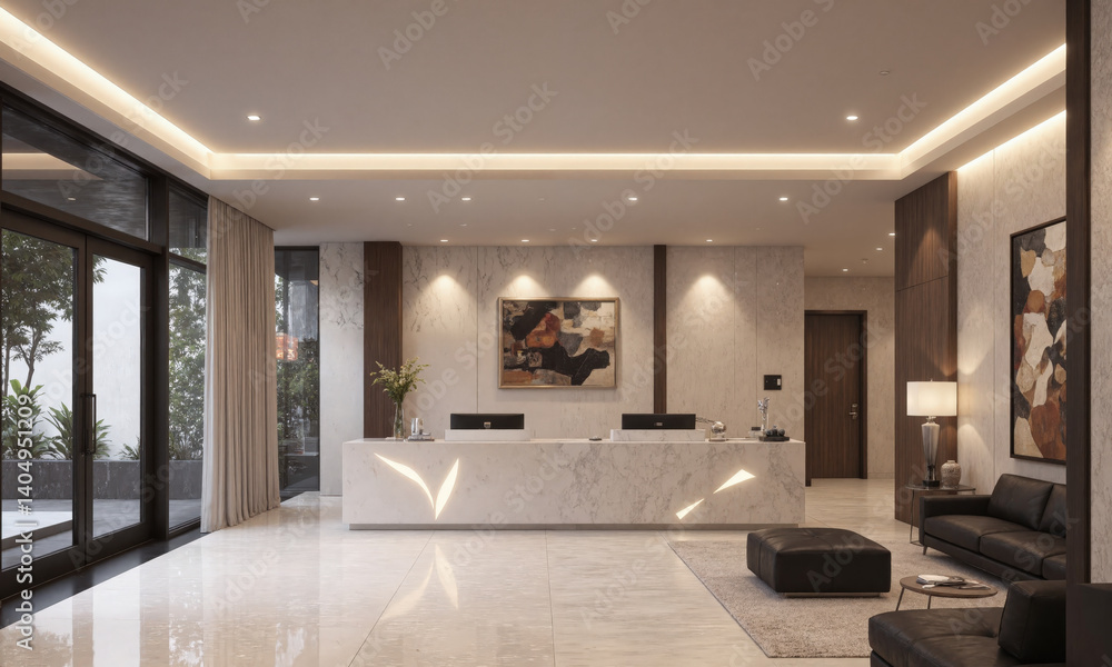 Sleek, modern reception area with a white marble desk, black leather seating, and soft, warm lighting. Accent lights highlight the desk and wall Sleek, modern reception area with a white marble desk, black leather seating, and soft, warm lighting. Accent lights highlight the desk and wall