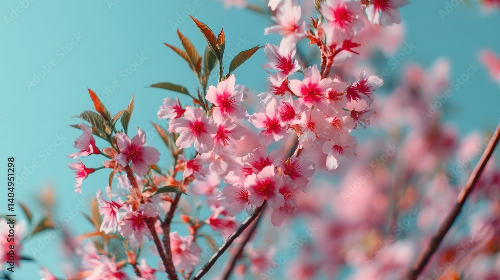 Close-up shot of cherry blossom branches, with a beautiful bloom and clear blue sky in the background. The flowers are in full bloom, with bright pink petals, set against the bright blue sky Close-up shot of cherry blossom branches, with a beautiful bloom and clear blue sky in the background. The flowers are in full bloom, with bright pink petals, set against the bright blue sky