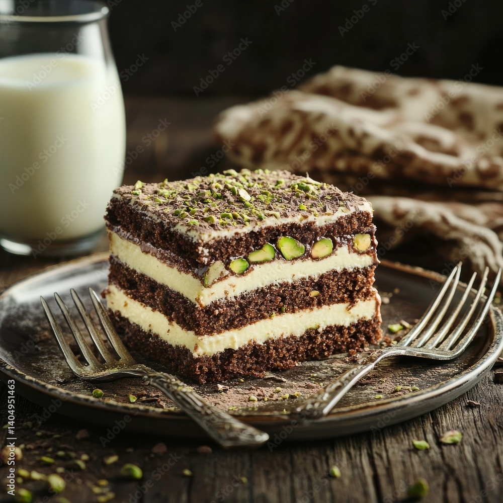 Sweet pistachio cake with milk and utensils.