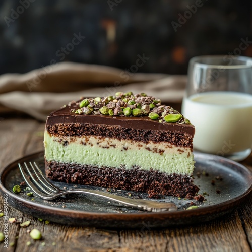 Pistachio dessert, milk, fork, whisk.