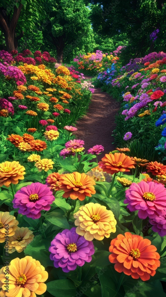 Walking Path Through Colorful Garden with Abundant Flowers Walking Path Through Colorful Garden with Abundant Flowers