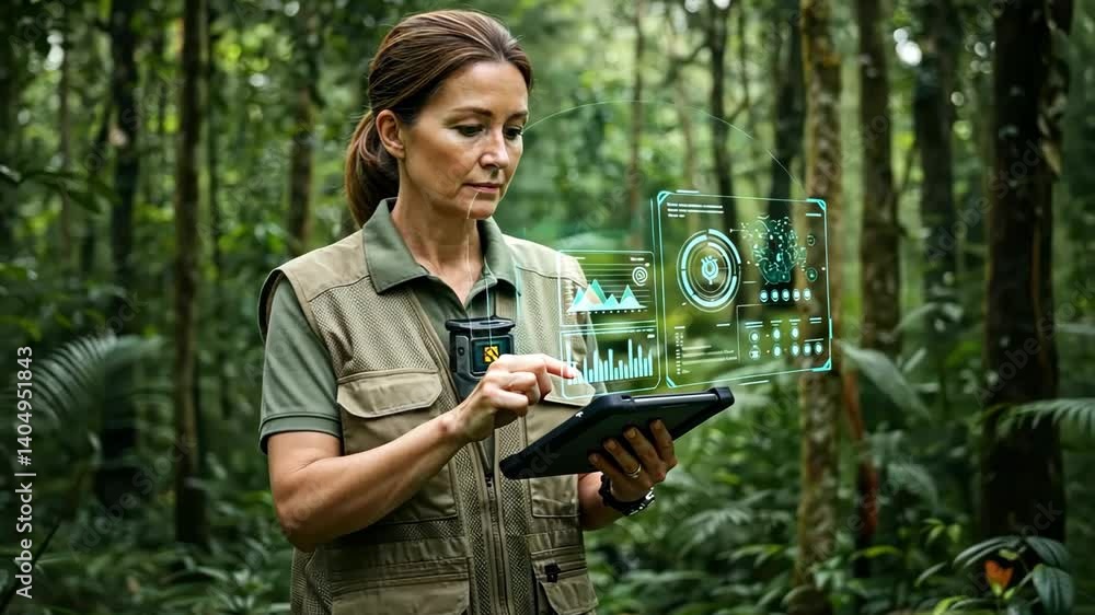 Woman Using Tablet with Data Hologram in Tropical Rainforest Woman Using Tablet with Data Hologram in Tropical Rainforest