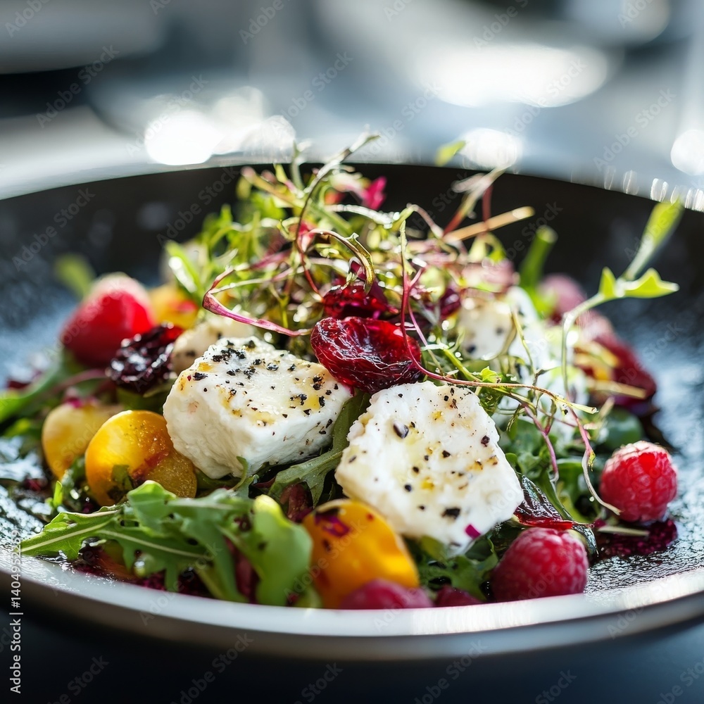 Close-up: Goat cheese salad w/ raspberries.