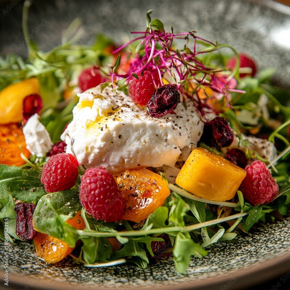 Goat cheese salad with raspberries, close up.