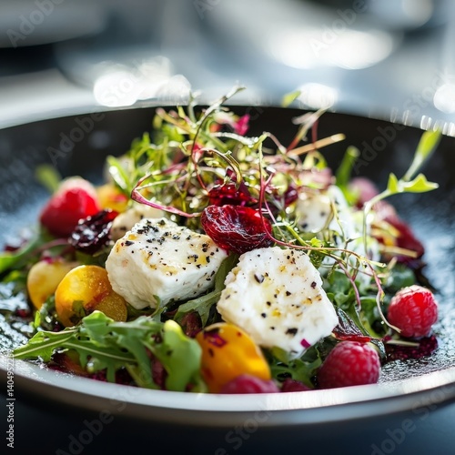 Obraz na płótnie Close-up: Goat cheese salad w/ raspberries. w salonie