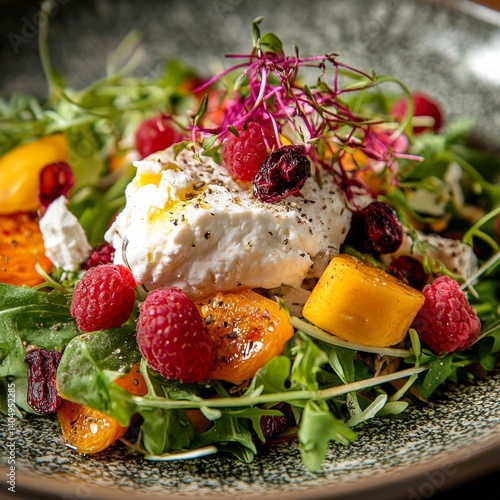 Obraz na płótnie Goat cheese salad with raspberries, close up. w salonie