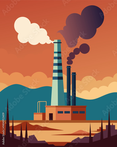 The towering incinerator looms over the horizon sending plumes of toxic fumes into the once pristine air.. Vector illustration