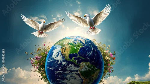 3d Miniature of the Earth with white dove flying near, symbolizing care and responsibility for our planet. Peace concept