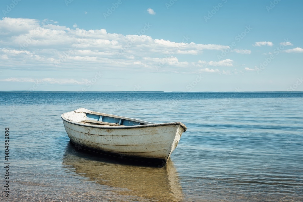 Naklejka premium Old boat on calm lake, serene scene