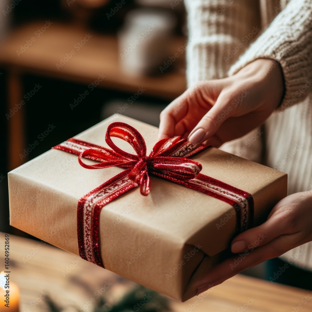 Gift box held, ribbon being pulled.