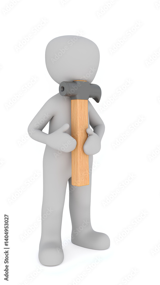 A gray figure stands holding a hammer with a wooden handle, set against a bright white background. The figure is faceless and simple. A gray figure stands holding a hammer with a wooden handle, set against a bright white background. The figure is faceless and simple.