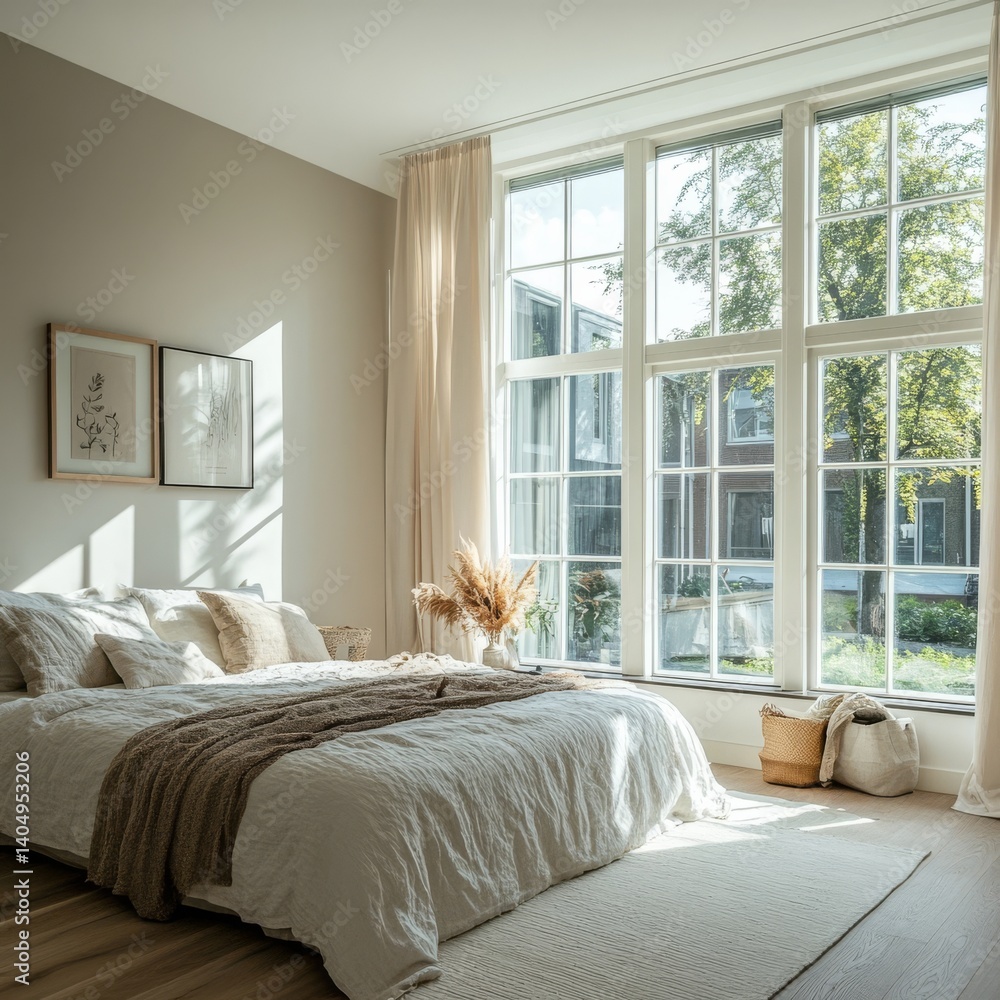 Bright bedroom, expansive windows.