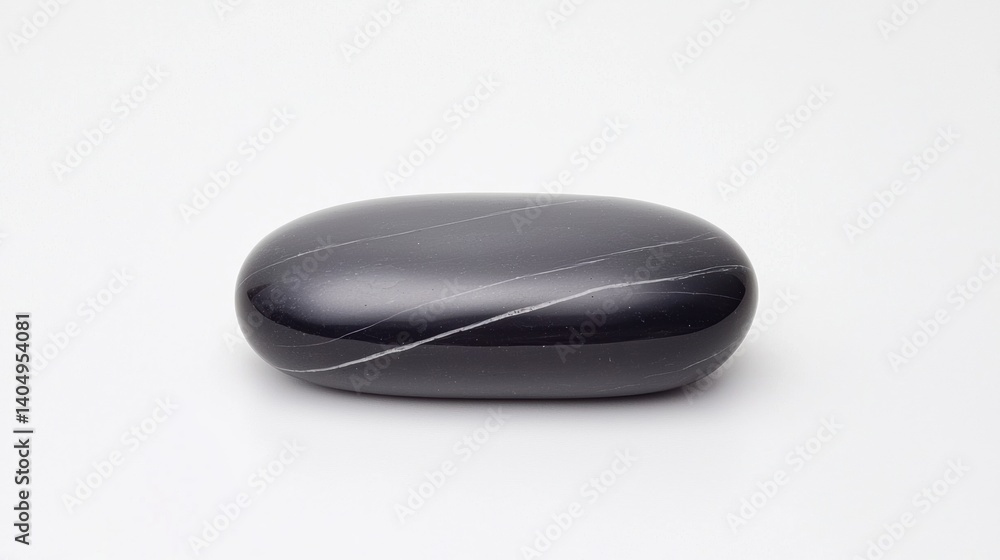 A black, smooth stone with a subtle white line pattern. A black, smooth stone with a subtle white line pattern.