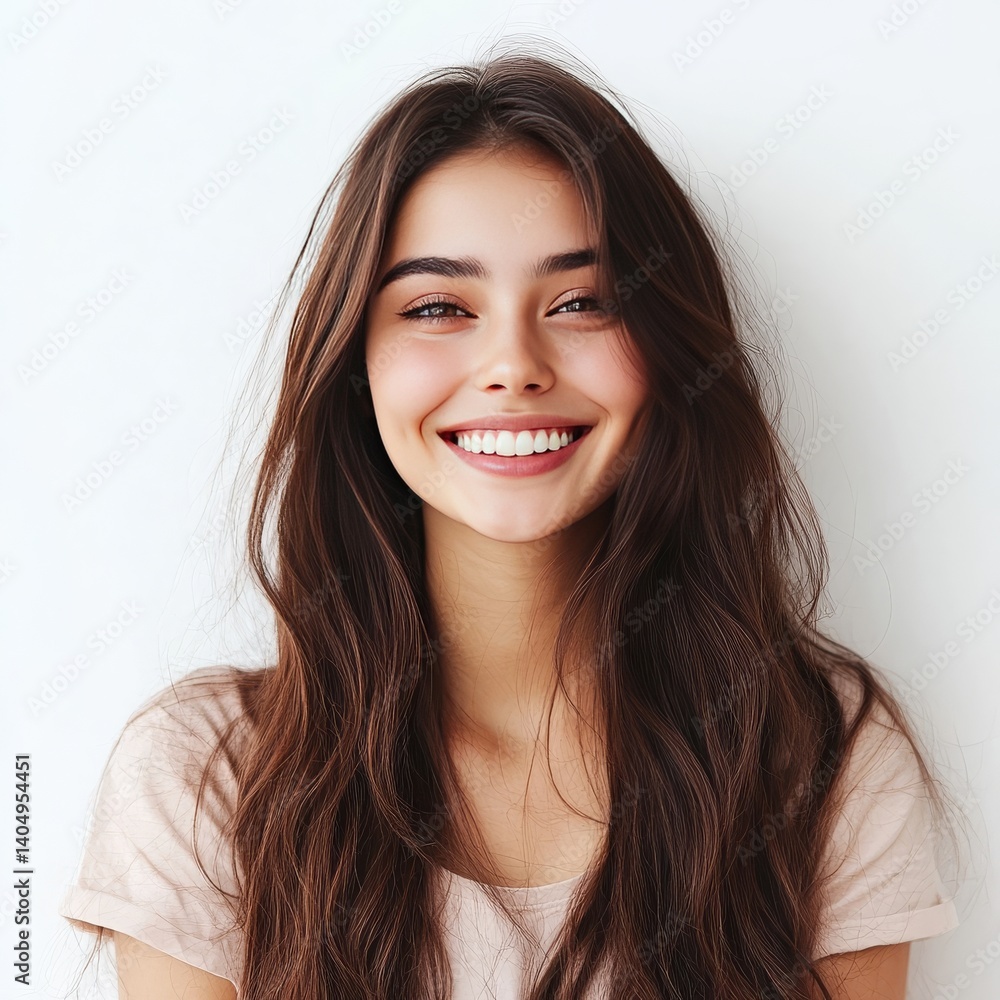 Positive female model, smiling on white.