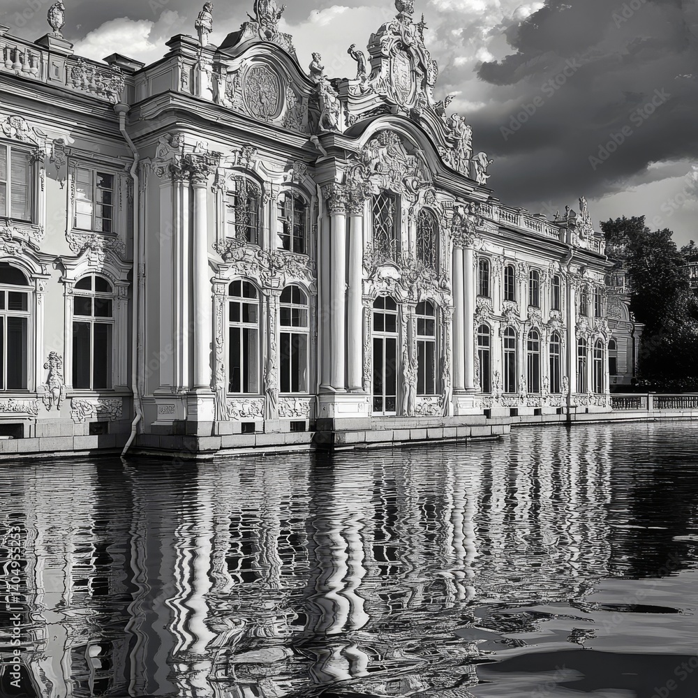 Russia's Yelagin Palace detail. Black & white.