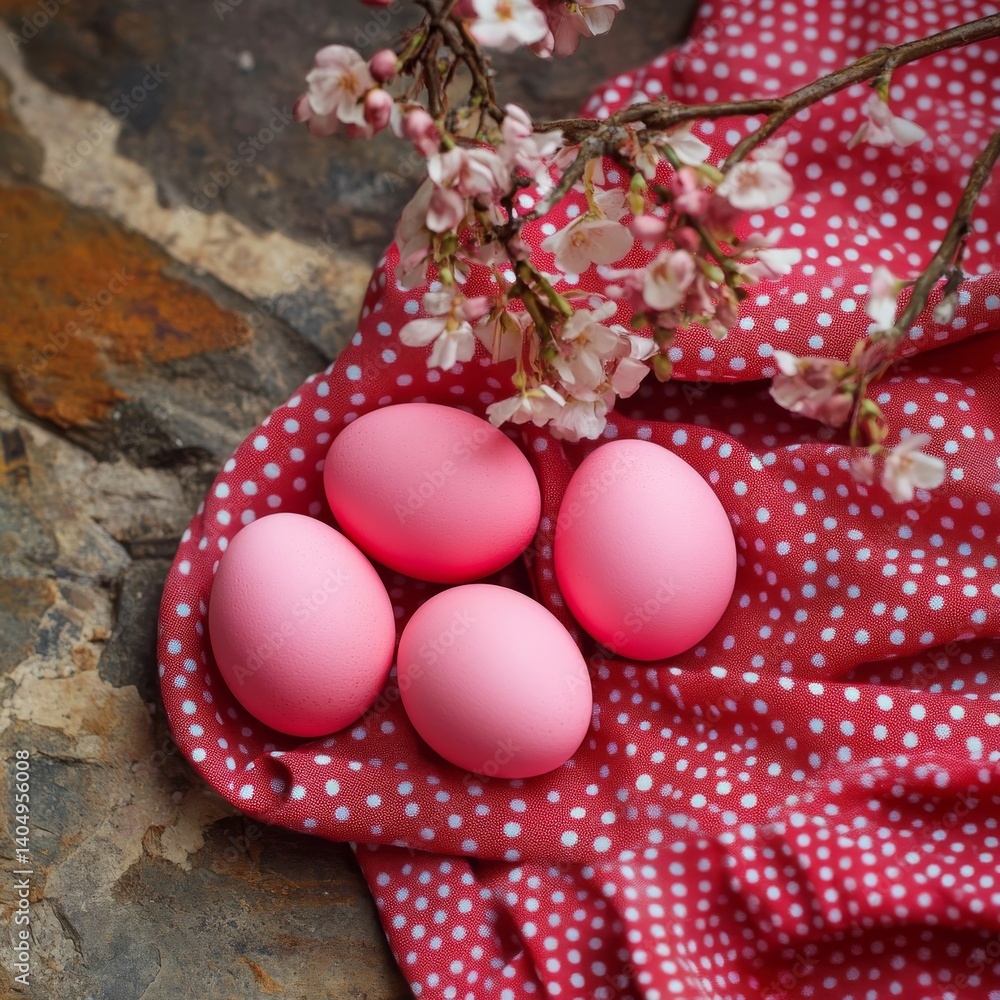 Pink Easter eggs, table setting on stone, polka dot linen. Top view.