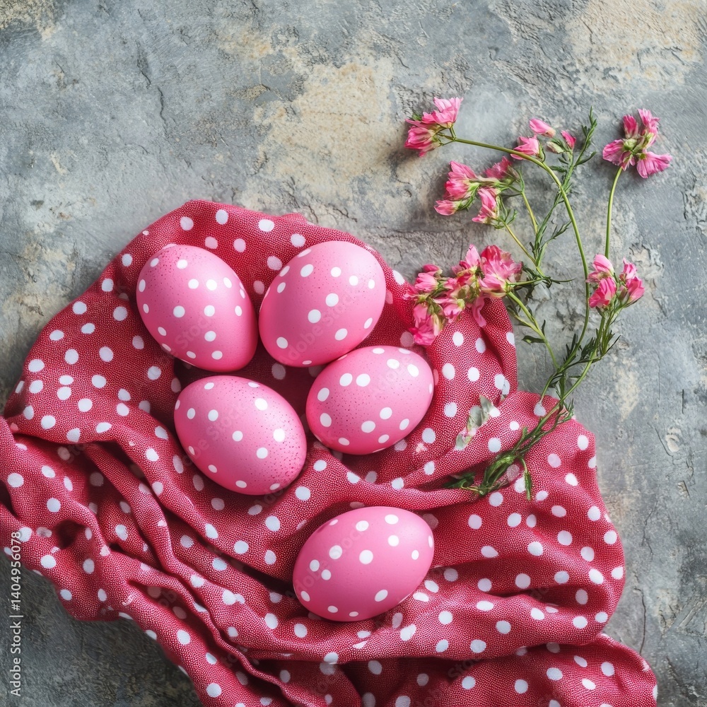 Rosy Easter eggs, table decor on stone with red dots. Top view.