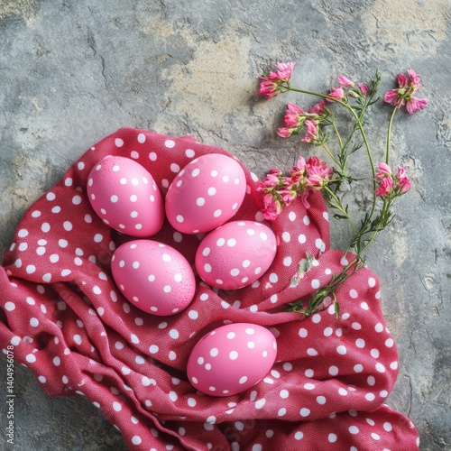Obraz na płótnie Rosy Easter eggs, table decor on stone with red dots. Top view. w salonie