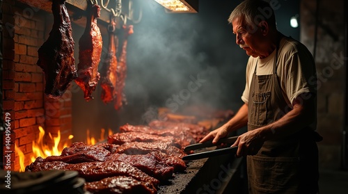 A skilled chef tending to grilling meat over an open flame, preparing a delicious barbecue.