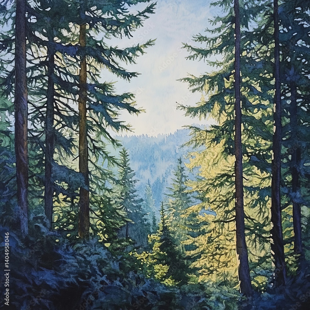 Sunlit evergreen trees.
