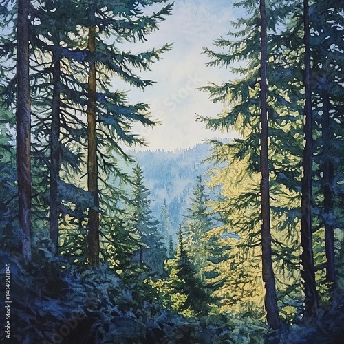 Obraz na płótnie Sunlit evergreen trees. w salonie