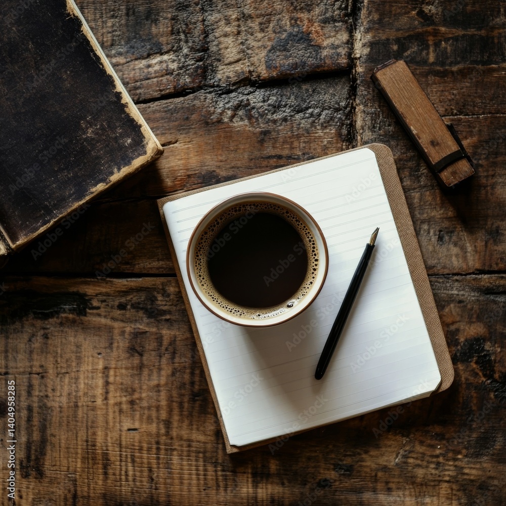 Coffee, book, notes, pen on desk.