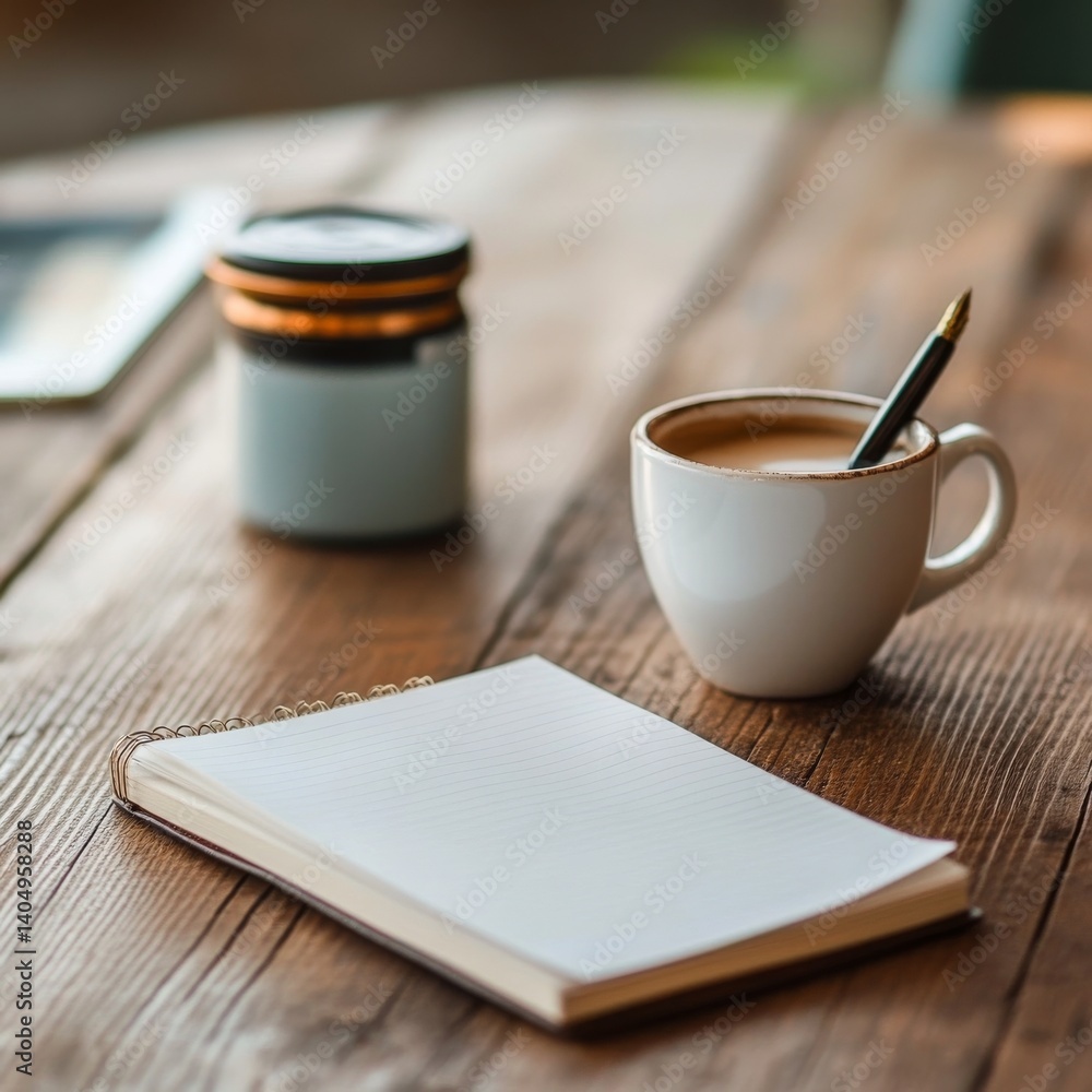 Desk with coffee, book, and pen.