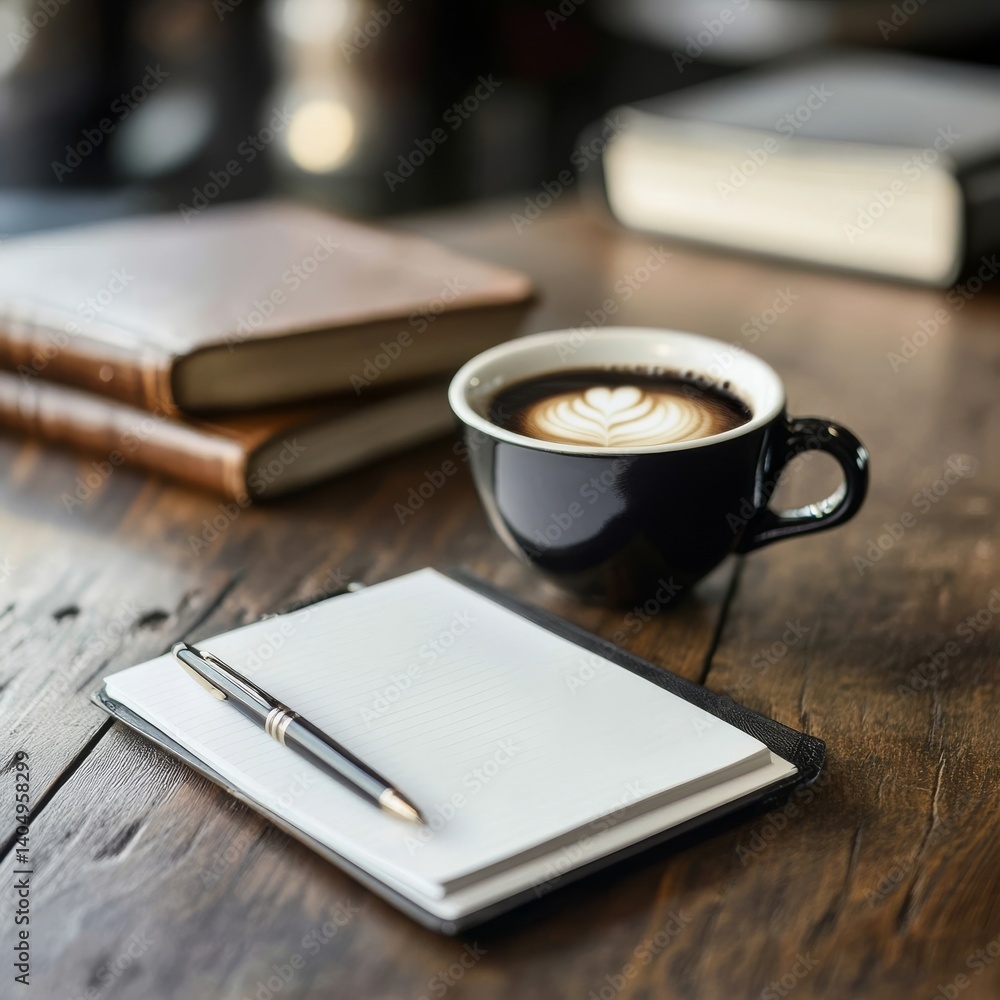 Coffee, book, notepad, pen on wood.