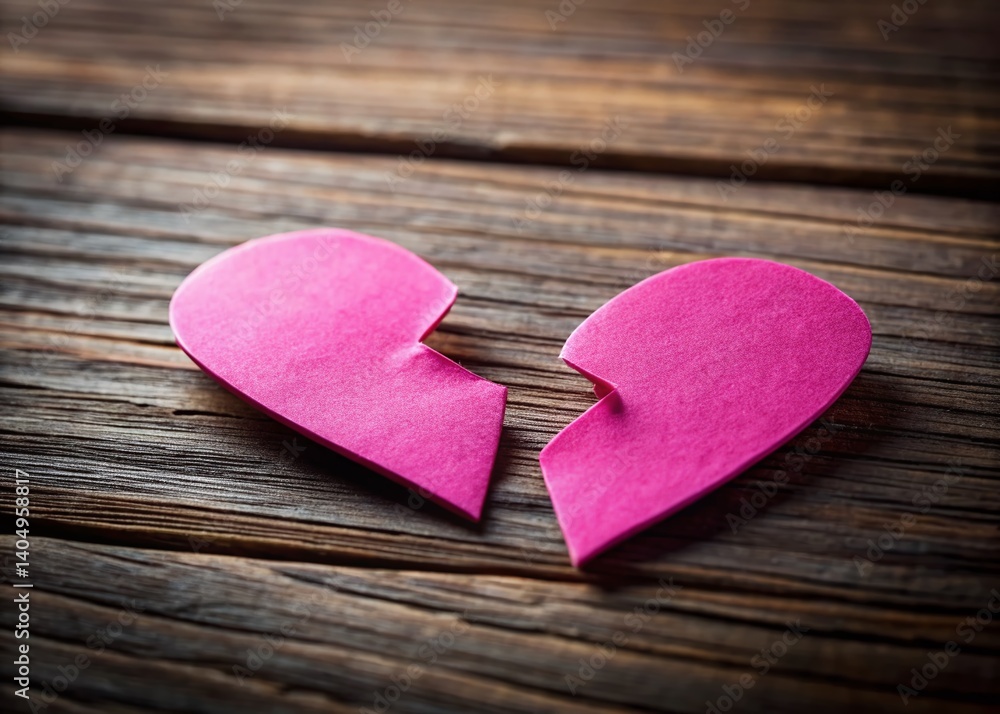 Fototapeta premium Broken Pink Heart, Valentine's Day Heartbreak, Rejected Love, Sadness, Dark Wood Table