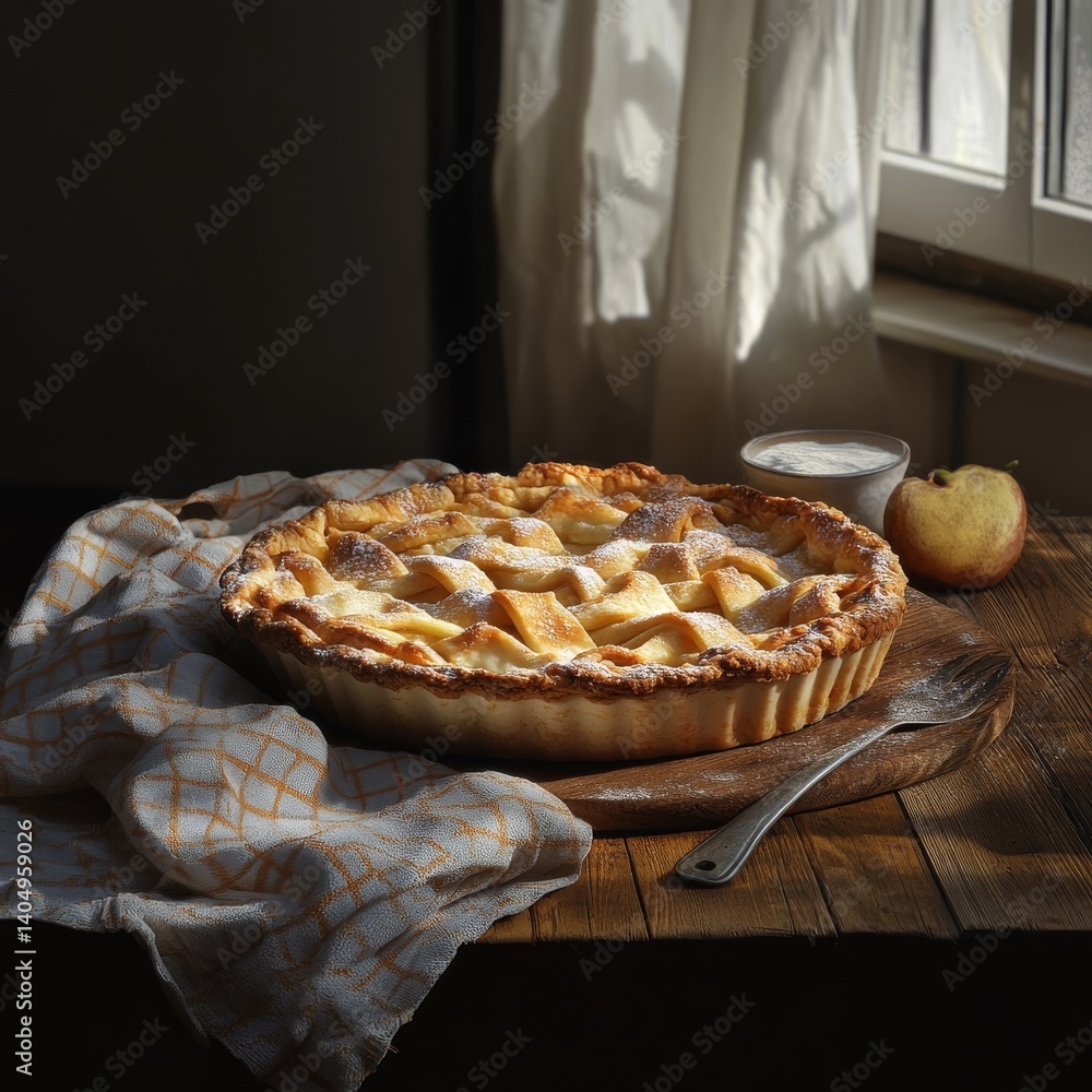 Apple pie with towel on wood.